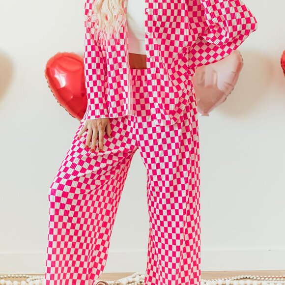 Pink Checkered Buttoned Shirt and High Waist Pants Pajama Set - Picture 15 of 16